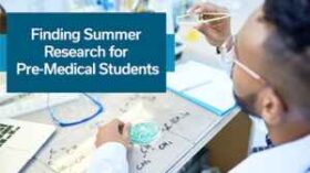 A male pre-medical student exploring summer research opportunities in a library setting, surrounded by books and resources.