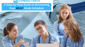 Group of medical students discussing and studying together with a laptop, accompanied by the text 'A Step-by-Step Guide to Structuring Your MCAT Study Schedule' by MD Consultants.