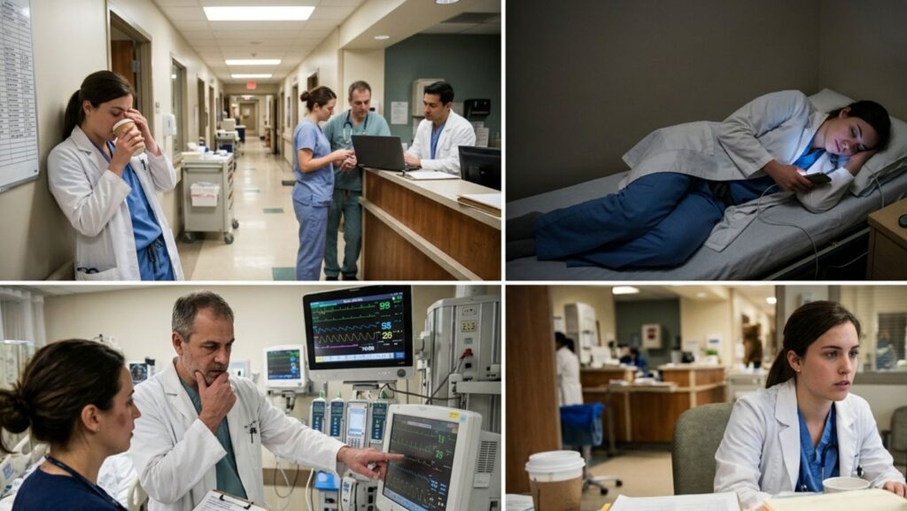 Doctors working hard in hospital setting.